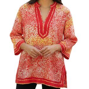 ISLAND REPUBLIC Coral & Yellow 3/4 Sleeves V Neck Top - Size L